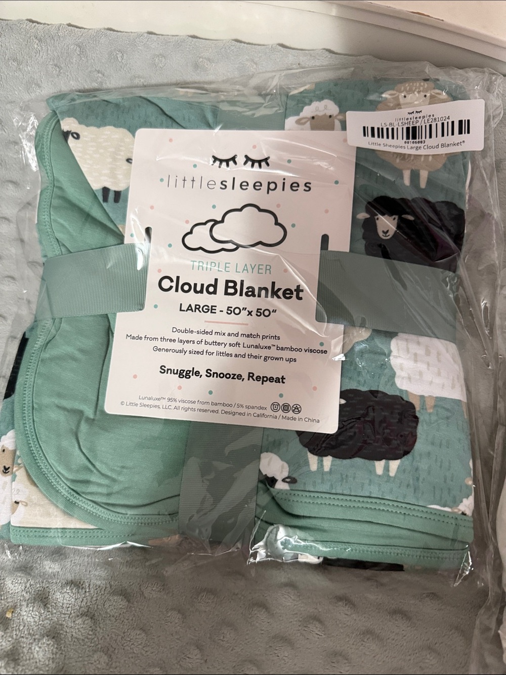 Little Sleepies Sage Green Sheep Print Triple-Layer Blanket